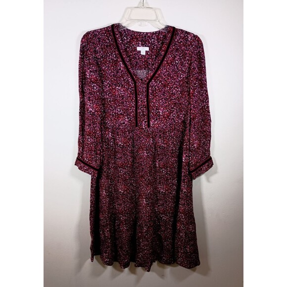 J Jill Dress Pink Floral Knee Length Velvet Trim Long Sleeve V Neck Size XS - Picture 1 of 6